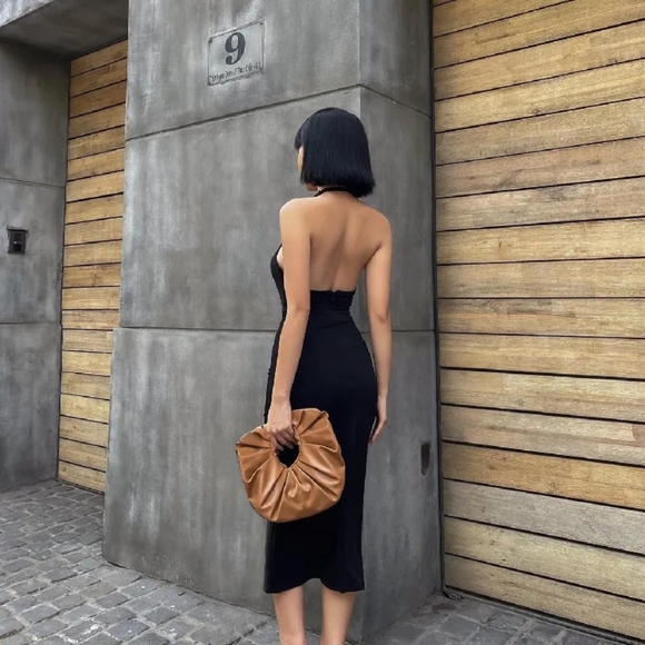 Halter Bodycon Midi Dress Women Sleeveless Backless Solid Color Slim Long Dress - Picture 3 of 5